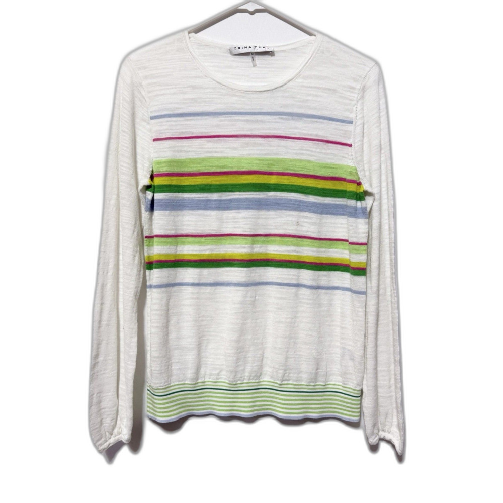 Trina Turk Size M White Striped Cotton Nylon Long Sleeve Lightweight Sweater